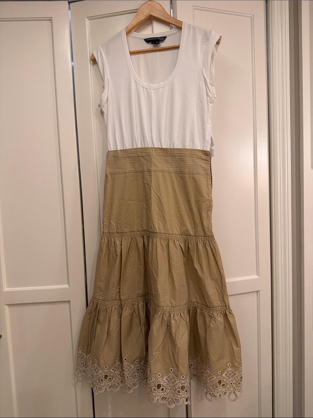 Veronica Beard White & Tan Tiered Eyelet Midi Dress